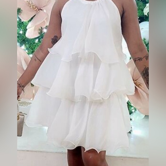 Privé Layered Halter Neck Ruffle Women’s White Dress - Picture 4 of 6